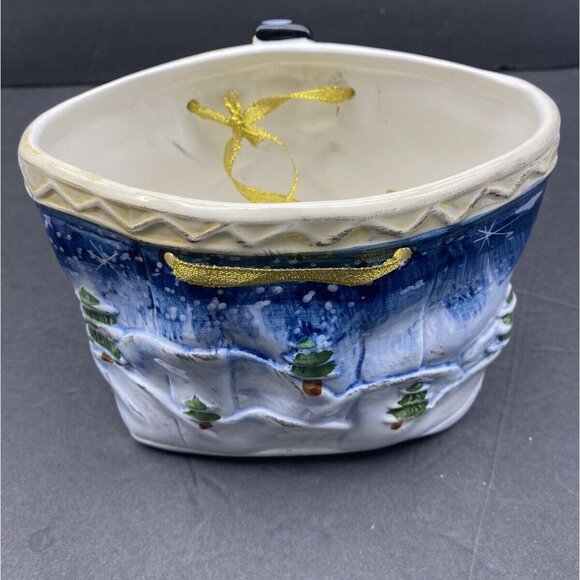 VTG Christmas Snowman Basket Planter Candy Bowl Ceramic Jay Import Ribbon Handle - Picture 5 of 11